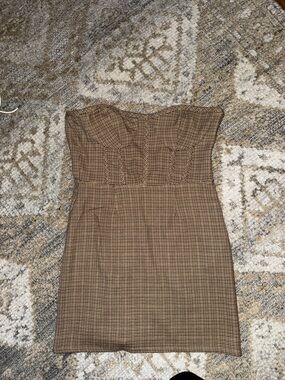 Pull&Bear Strapless Brown Plaid Bodycon Dress